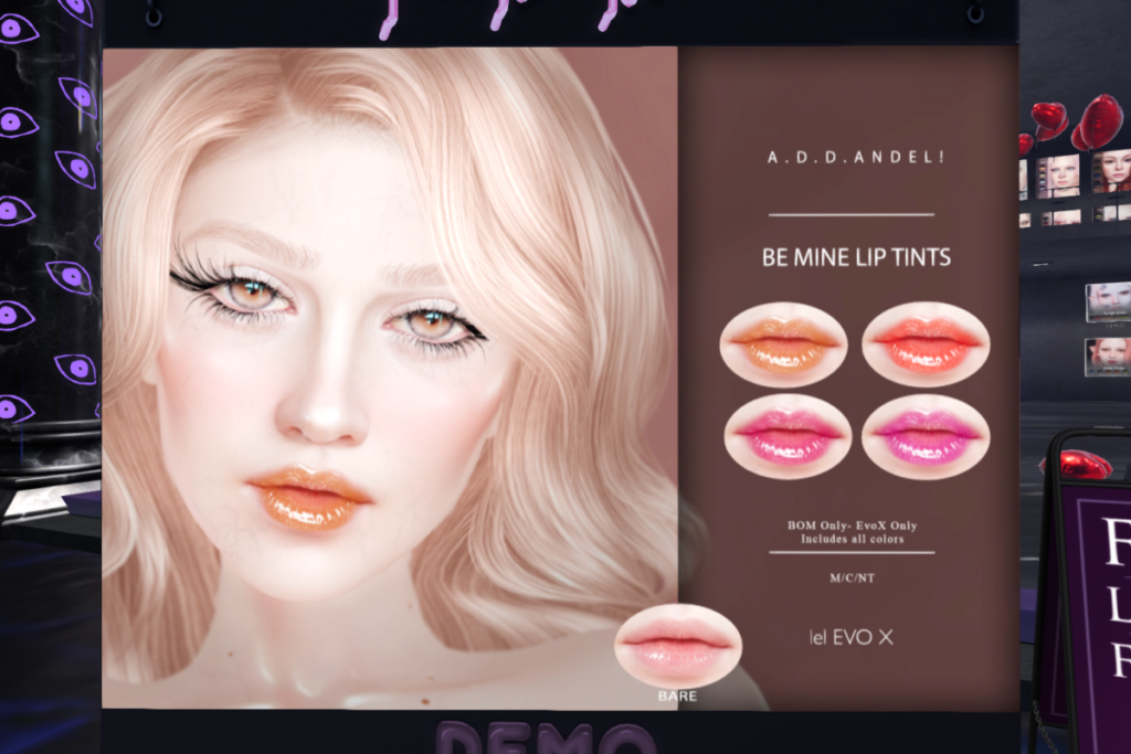 Be Mine Lip Tints - EvoX	&lt;a href=&quot;http://maps.secondlife.com/secondlife/Neon%20Coven/138/135/996&quot; target=&quot;_blank&quot;&gt;Teleport&lt;/a&gt;