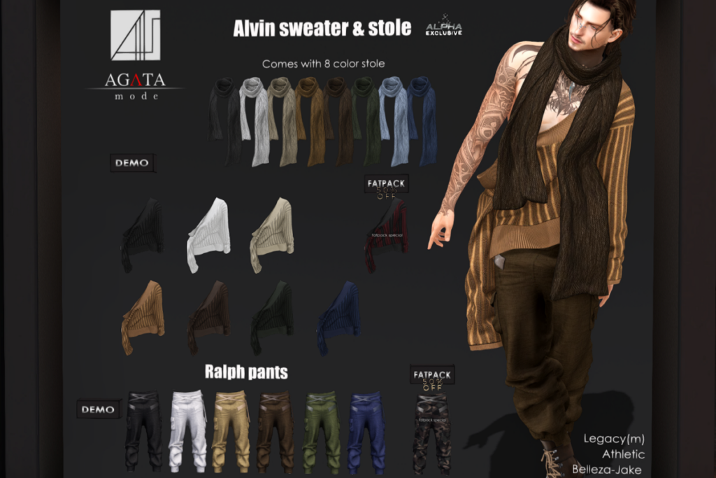 Alvin Sweater &amp; Stole and Ralph Pants - Jake/Legacy/+mods, L$250-L$290 each/L$750-L$1015 each FP