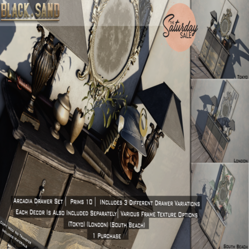 Arcadia Drawer Decor Set	&lt;a href=&quot;http://maps.secondlife.com/secondlife/Blacksticks/91/62/1872&quot;&gt;Teleport&lt;/a&gt;