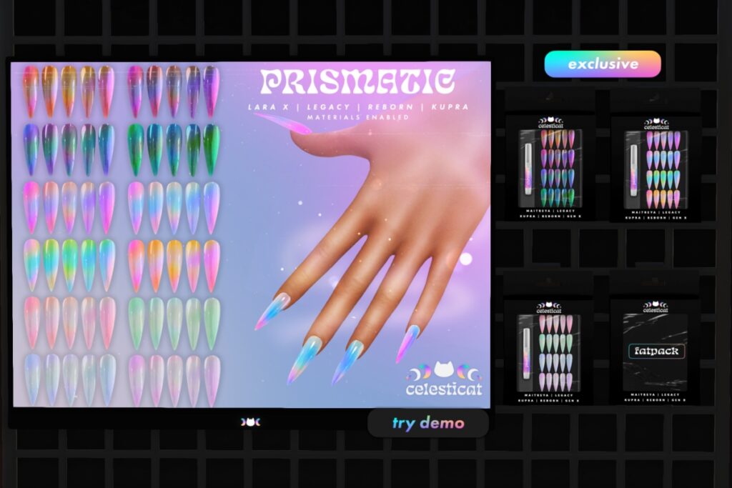 Prismatic Mesh Nails - Inithium/Legacy/MaitreyaX/Reborn, L$199 each/L$525 FP