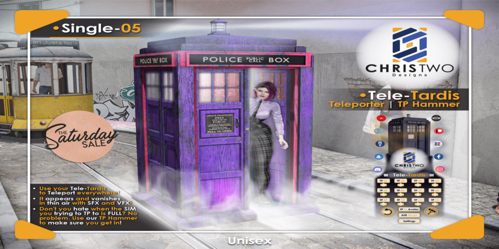 Tele-Tardis Teleporter	&lt;a href=&quot;http://maps.secondlife.com/secondlife/Chris%20Two%20Designs/128/129/15&quot;&gt;Teleport&lt;/a&gt;