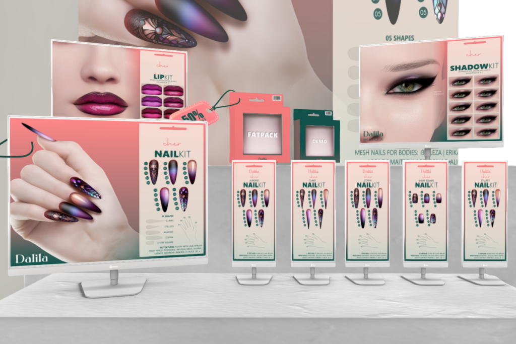 Cher Lip and Shadow Kits - Evo/EvoX, L$290 each | Cher Nail Kit - Alice/Belleza OG/Erika/Inithium/Legacy/Maitreya/Reborn/Slink, L$99 each/L$290 FP  | Cher Kit Fatpack, L$540