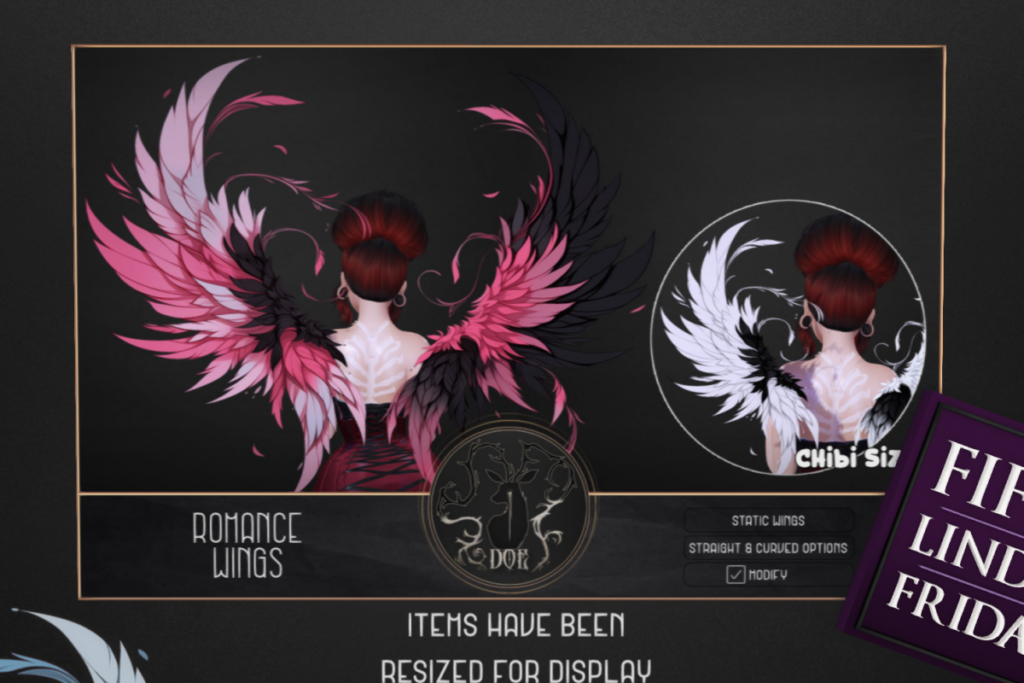 Romance Wings	&lt;a href=&quot;http://maps.secondlife.com/secondlife/ploom/196/80/24&quot; target=&quot;_blank&quot;&gt;Teleport&lt;/a&gt;