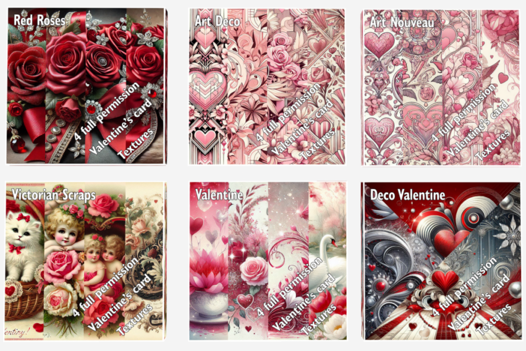 Red Roses, Art Deco, Art Noveau, Victoria Scraps, Valentine and Deco Valentine Card Textures, L$30 each