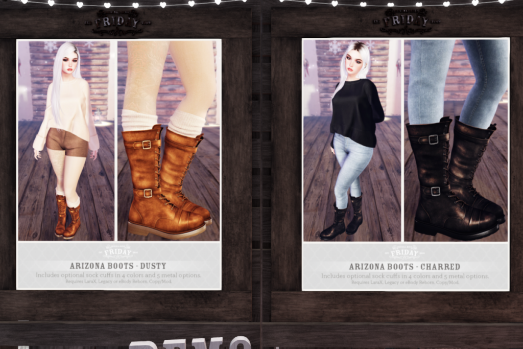 Arizona Boots - Legacy/MaitreyaX/Reborn	&lt;a href=&quot;http://maps.secondlife.com/secondlife/White%20River%20Farm/181/134/23&quot; target=&quot;_blank&quot;&gt;Teleport&lt;/a&gt;