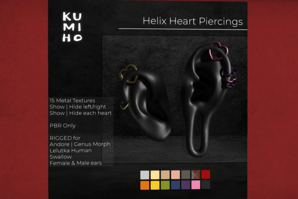 Helix Heart Piercings - Andore/EvoX Ears/Genus Ears/Swallow EarsF+M, L$299 each