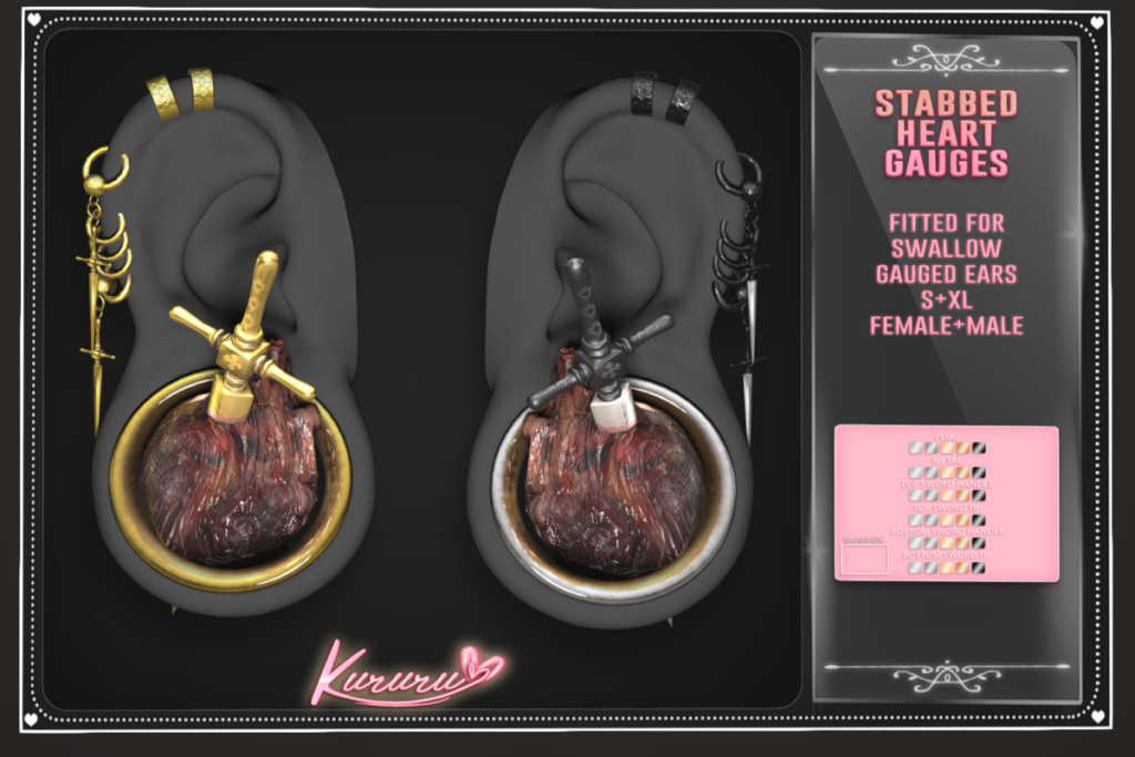 Stabbed Heart Gauges - Swallow S &amp; XL F+M Ears, L$350 each/L$650 FP