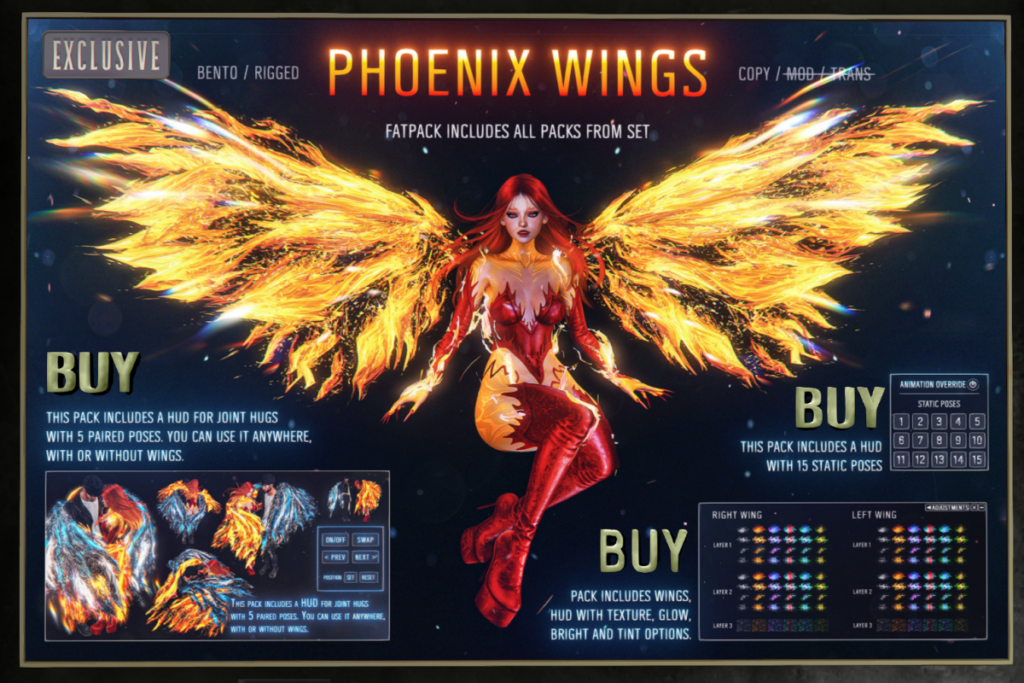 Phoenix Wings, L$299-L$499 each/L$899 FP