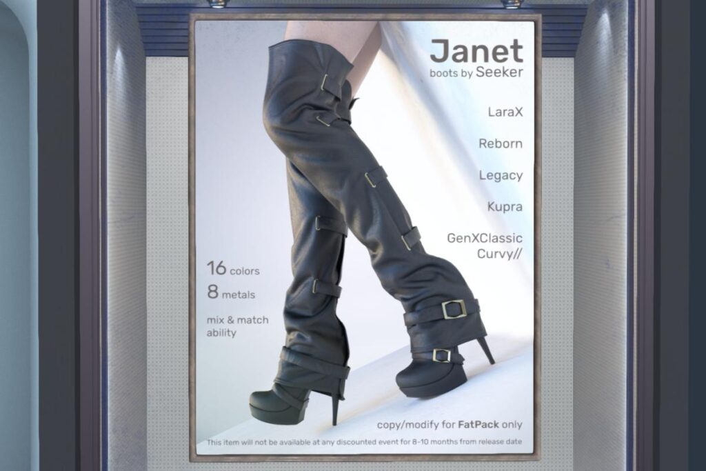 Janet Boots - GenX/Inithium/Legacy/MaitreyaX/Reborn, L$349 each/L$1299 FP