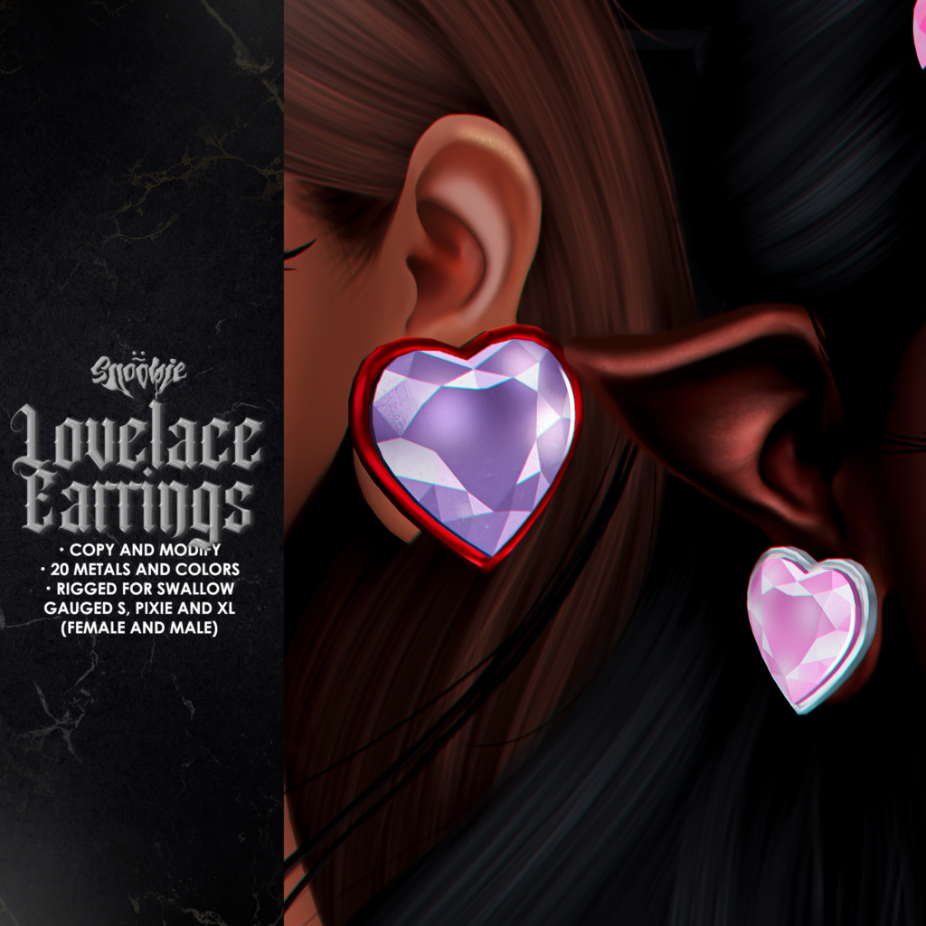 Lovelace Earrings - Swallow Gauged M+F S+XL+Pixie	&lt;a href=&quot;http://maps.secondlife.com/secondlife/Cookies/217/189/2222&quot;&gt;Teleport&lt;/a&gt;