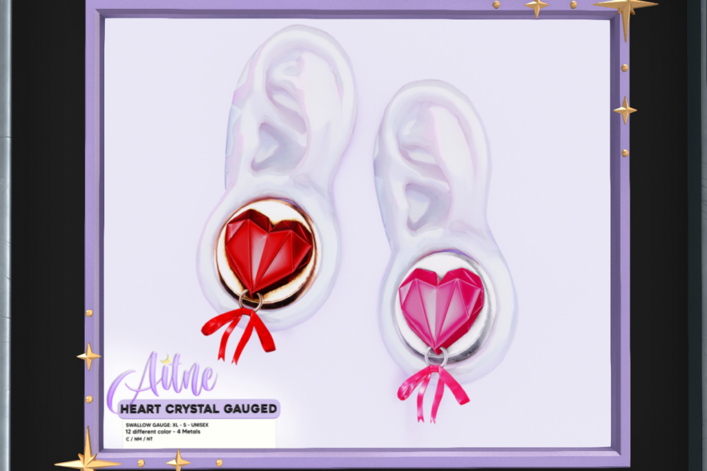 Heart Crystal Gauged Earrings - Swallow Gauged S &amp; XL F+M Ears, L$299