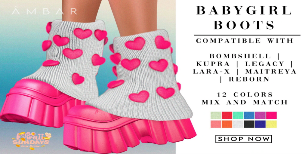 Babygirl Boots - Inithium/Legacy/Maitreya/Reborn/+mods	&lt;a href=&quot;http://maps.secondlife.com/secondlife/Mellow%20Marina/137/65/21&quot;&gt;Teleport&lt;/a&gt;