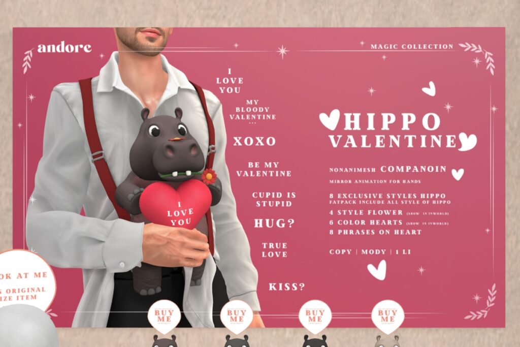 Hippo Valentine Animesh Companion, L$249 each/L$1195 FP