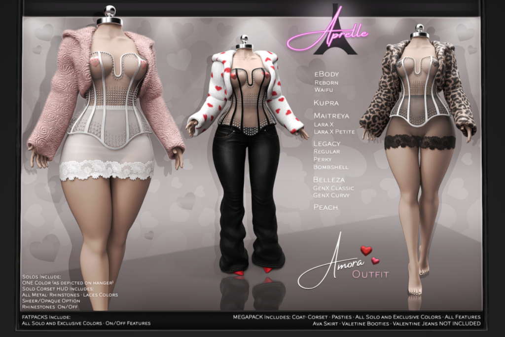 Amora Pasties, Corset, and Coat - GenX/Inithium/Legacy/MaitreyaX/Peach/Reborn/+mods, L$99-L$299 each/L$599-L$999 each FP/L$1999 MP