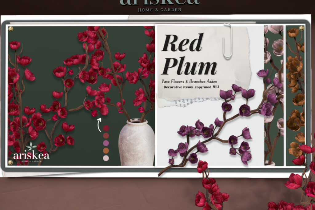 Red Plum Vase Flowers &amp; Branch Addon, L$399