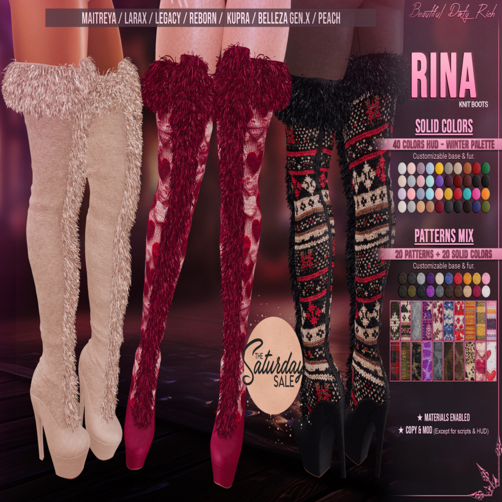 Rina Knit Boots - GenX/Inithium/Legacy/Maitreya/Peach/Reborn/+mods	&lt;a href=&quot;http://maps.secondlife.com/secondlife/Beautiful%20Dirty%20Rich/125/121/22&quot;&gt;Teleport&lt;/a&gt;