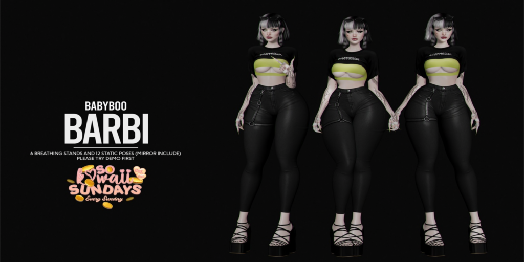 Barbi Poses	&lt;a href=&quot;http://maps.secondlife.com/secondlife/Cult%20Grounds/16/23/1022&quot;&gt;Teleport&lt;/a&gt;