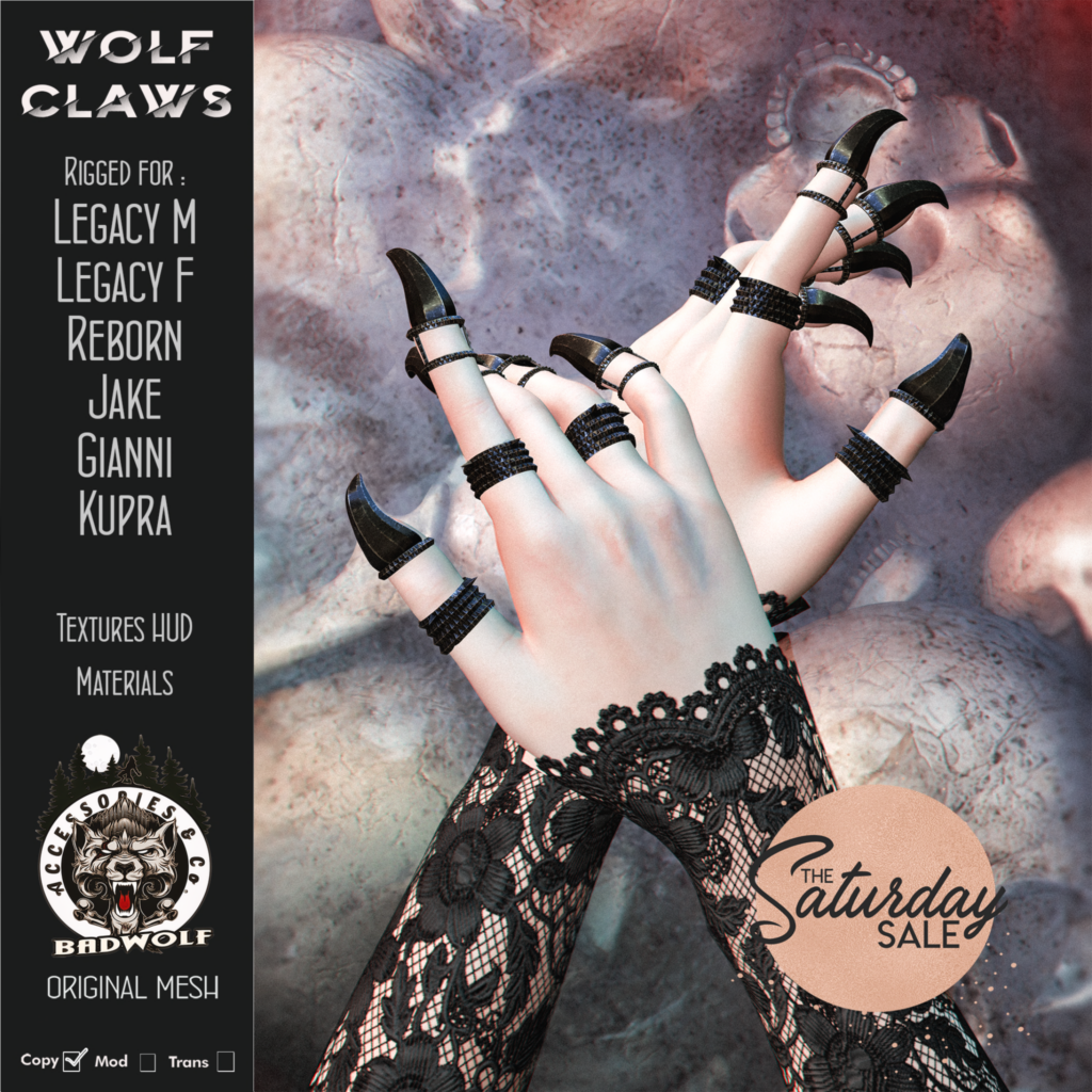 Wolf Claws Accessory - Gianni/Jake/Inithium/Legacy M+F/Reborn	&lt;a href=&quot;http://maps.secondlife.com/secondlife/Badwolf%20Valhalla/120/128/25&quot;&gt;Teleport&lt;/a&gt;