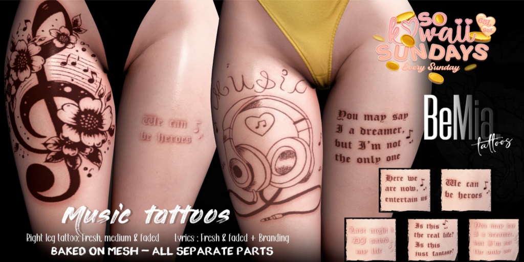 Music Tattoos - BOM	&lt;a href=&quot;http://maps.secondlife.com/secondlife/Rosehaven/218/121/2501&quot;&gt;Teleport&lt;/a&gt;