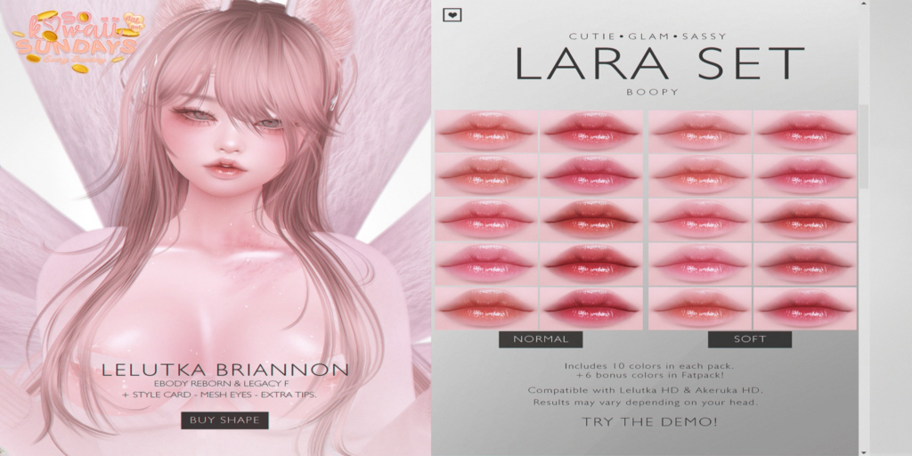 Lara Shape - EvoX Briannon/Legacy | Lara Lipstick - AkX/EvoX	&lt;a href=&quot;http://maps.secondlife.com/secondlife/Hashira/96/162/427&quot;&gt;Teleport&lt;/a&gt;