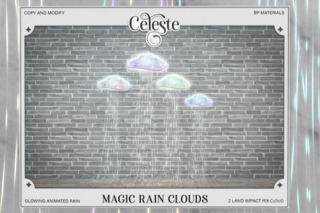 Magic Rain Clouds	&lt;a href=&quot;http://maps.secondlife.com/secondlife/WideWorld%20Amethysta/64/191/22&quot; target=&quot;_blank&quot;&gt;Teleport&lt;/a&gt;