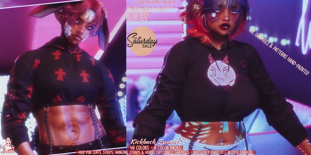 Kickback Sweater - Freya/Jake/Legacy M+F/Maitreya/Reborn/+mods	&lt;a href=&quot;http://maps.secondlife.com/secondlife/Escapes/163/28/1004&quot;&gt;Teleport&lt;/a&gt;