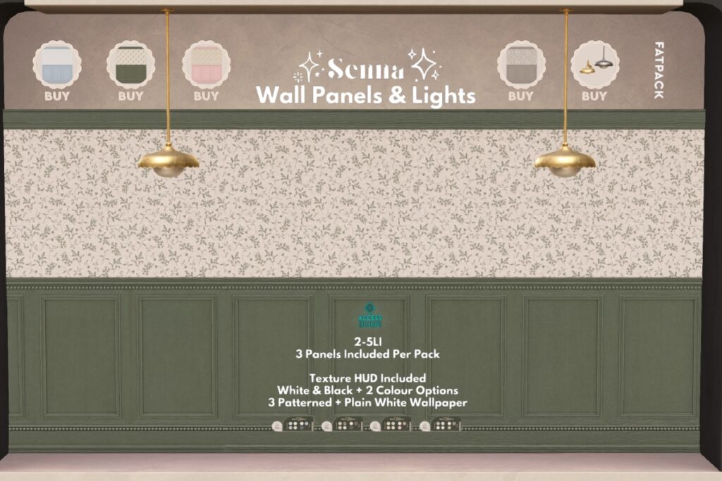 Senna Wall Panels &amp; Lights, L$199-L$299 each/L$999 FP