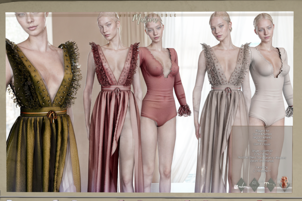 Maren Bodice and Dress - GenX Classic/Legacy/MaitreyaX/Reborn/+mods, L$225-L$275 each/L$1999 FP