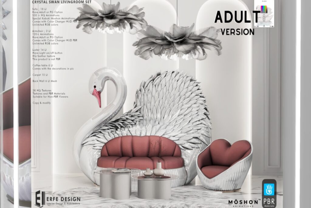 Crystal Swan Living Room Set, L$390 each/L$1890-L$2490 each FP