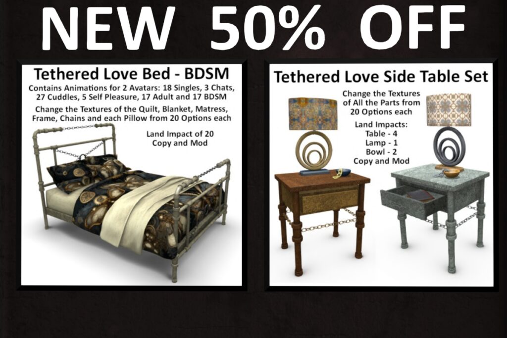 Tethered Love Bed, L$200-L$350 each | Tethered Love Side Table Decor Set, L$88