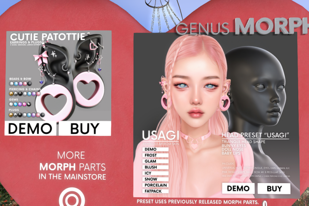 Cutie Patottie Earrings &amp; Plugs - Genus Morph Medium, Large &amp; Extreme, L$293 | Usagi Skin - Genus Morph, L$293 each/L$788 FP | Usagi Head Preset, L$1440