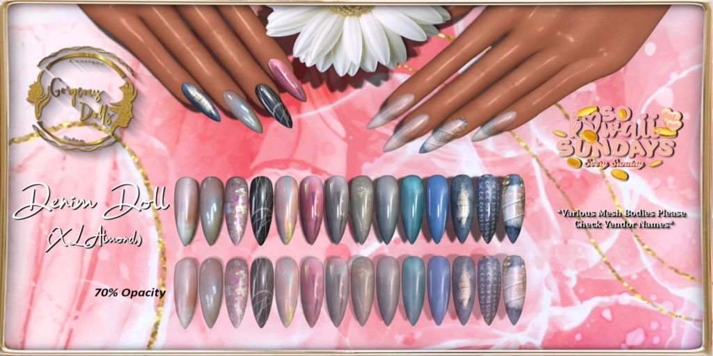 Denim Doll Mesh Nails - no fits listed	&lt;a href=&quot;http://maps.secondlife.com/secondlife/Nori/218/167/2029&quot;&gt;Teleport&lt;/a&gt;