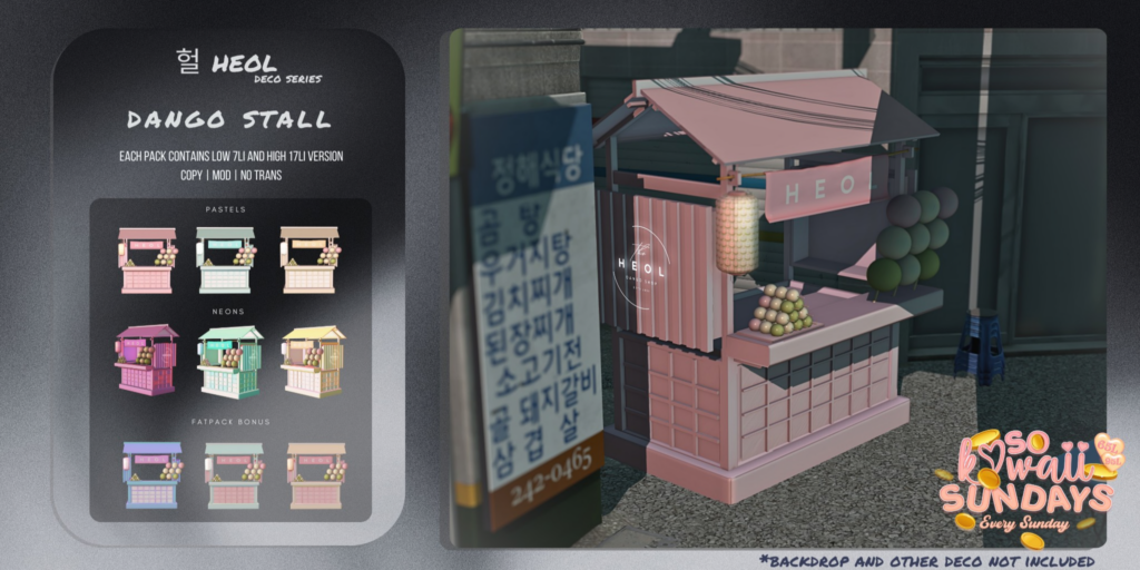 Dango Stall Decor	&lt;a href=&quot;http://maps.secondlife.com/secondlife/Follys%20End/201/30/22&quot;&gt;Teleport&lt;/a&gt;