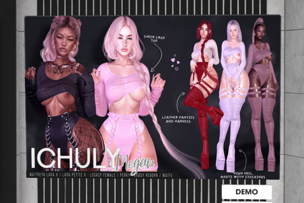 Megan Shirt, Panties, &amp; Harness - Legacy/MaitreyaX/Reborn/+mods, L$219-L$249 each/L$1299-L$1599 each FP/L$2699 MP