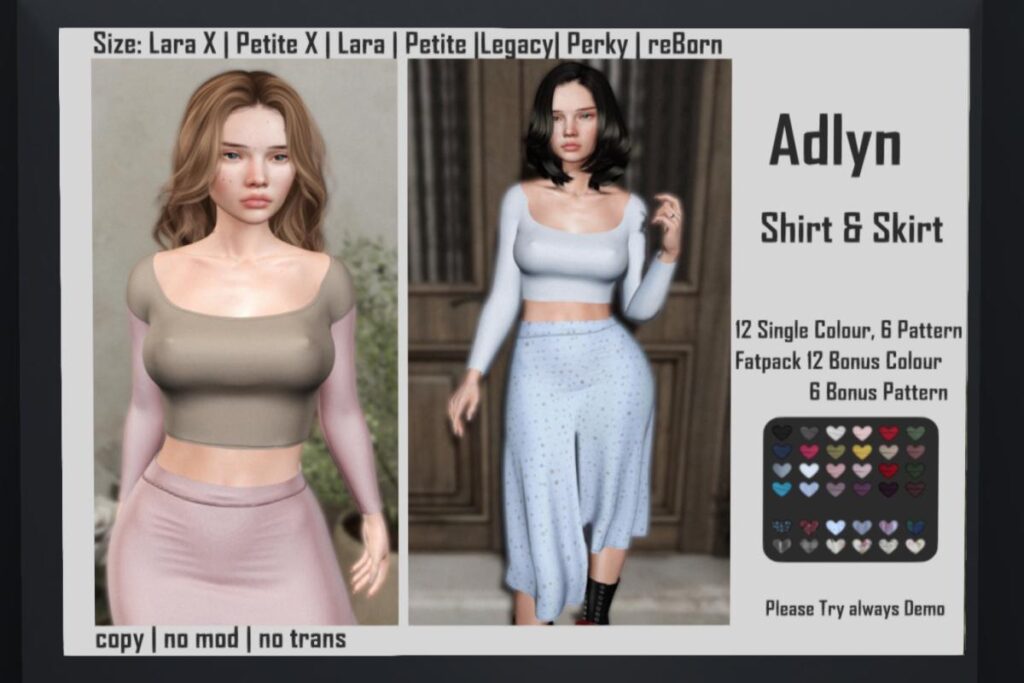 Adlyn Shirt &amp; Skirt - Legacy/Maitreya/Reborn/+mods, L$199 each/L$799-L$1399 each FP