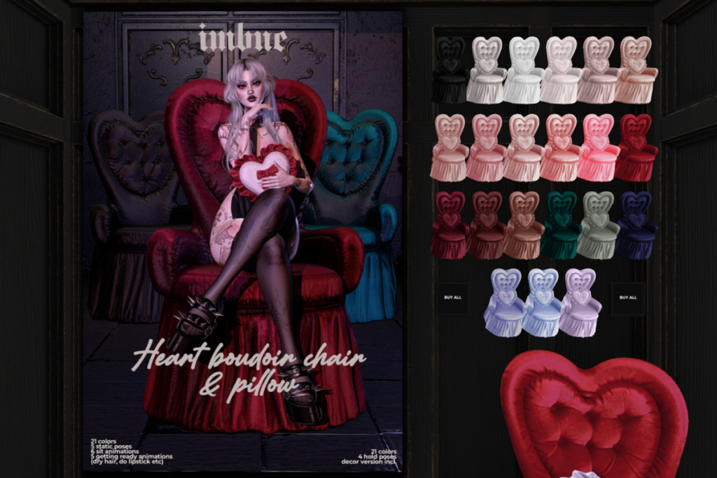 Heart Boudoir Chair &amp; Pillow, L$250 each/L$1299 each FP