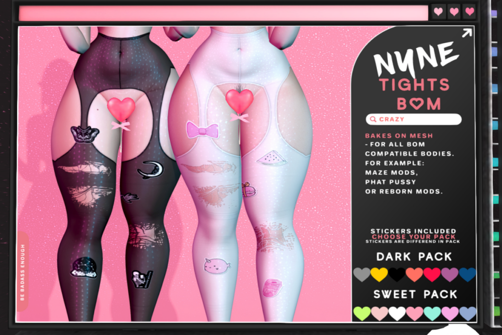 Crazy Tights - BOM for Reborn/+mods, L$269 each/L$499 FP