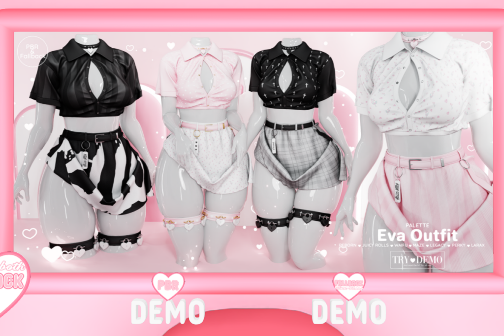 Eva Top, Skirt, Collar, and Garter - Legacy/MaitreyaX/Reborn/+mods, L$199-L$299 each/L$899-L$1299 each FP/L$2999 MP