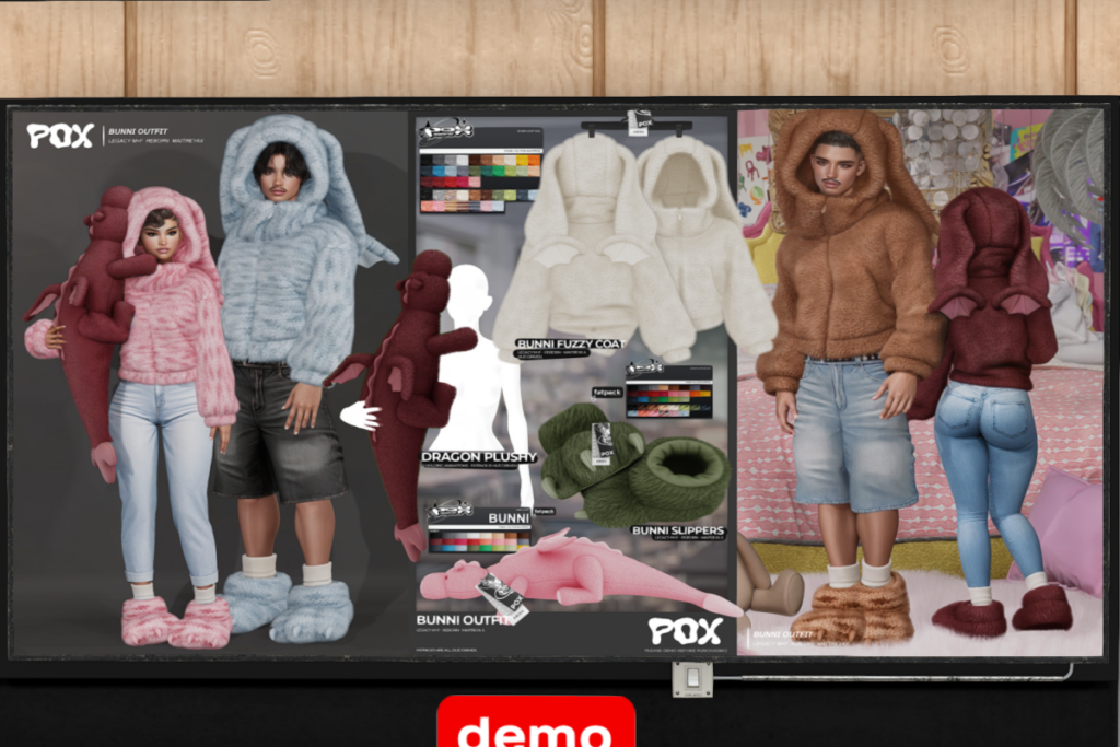 Bunnie Jacket - Legacy F+M/MaitreyaX/Reborn, L$299 each/L$1299 FP | Bunni Slippers - Legacy F+M/Maitreya/Reborn, L$309 | Bunni Dragon Plushie Holdable, L$309