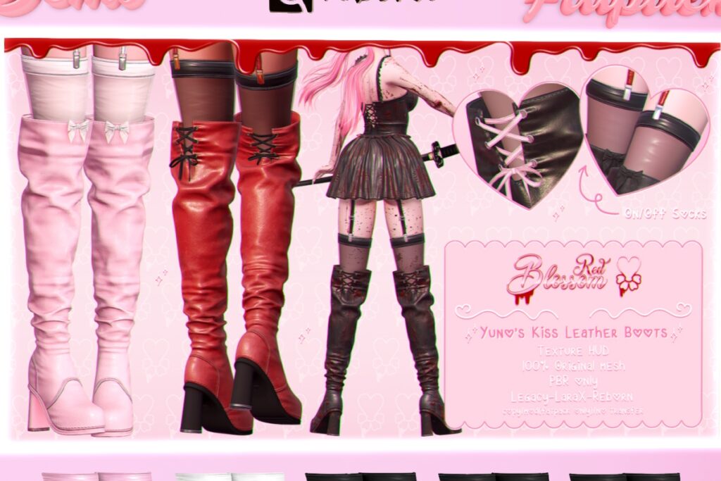 Yuno&#039;s Kiss Leather Boots - Legacy/MaitreyaX/Reborn, L$250 each/L$1199 FP