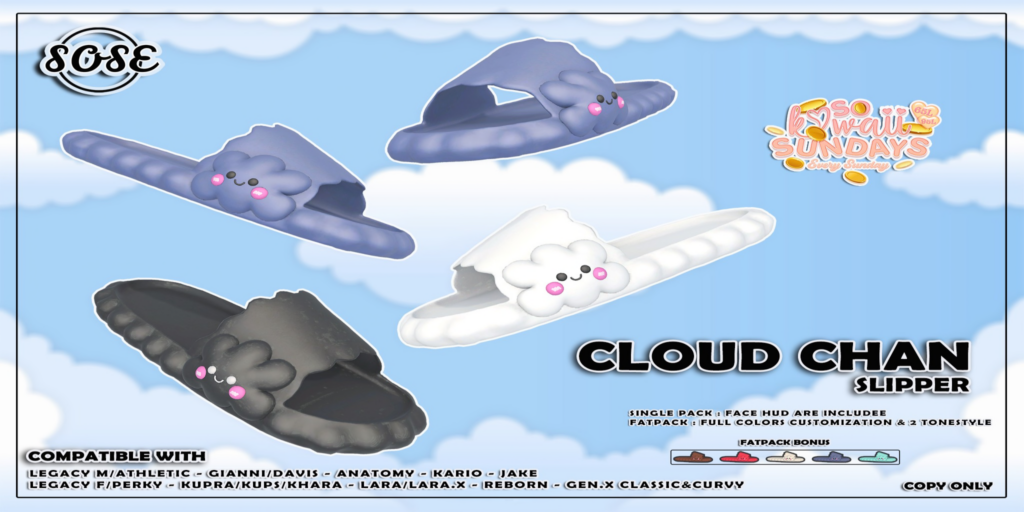 Cloud Chan Slipper - see ad for fits	&lt;a href=&quot;http://maps.secondlife.com/secondlife/Crystal%20Valley/84/122/2101&quot;&gt;Teleport&lt;/a&gt;