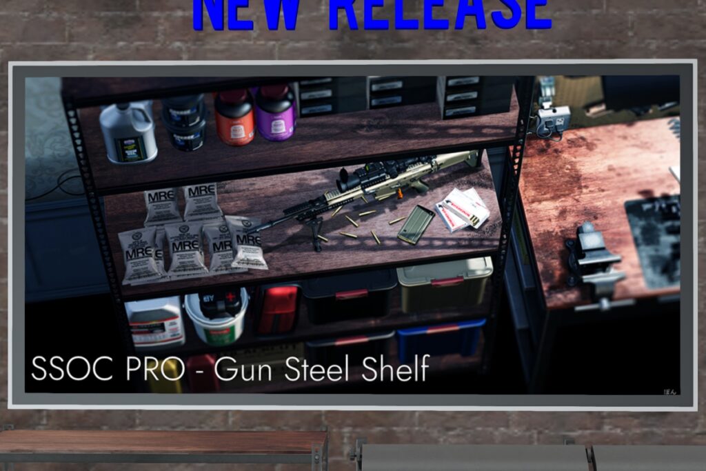 Gun Steel Shelf Decor Set, L$250-L$350 each/L$1600 FP