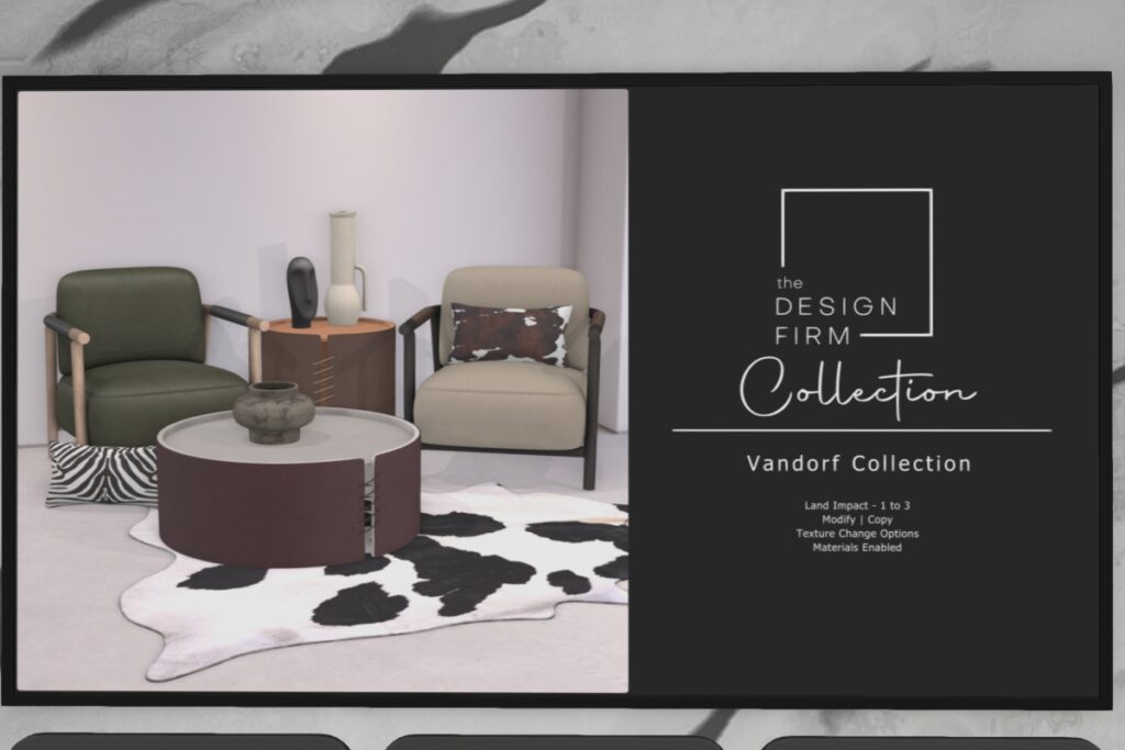 Vandorf Collection Decor Set, L$150-L$375 each/L$1100 FP