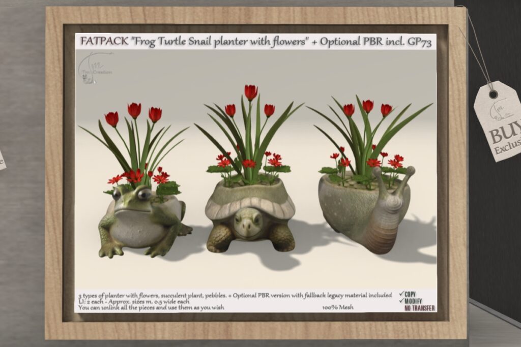 Frog Turtle Snail Planters, L$180 each/L$360 FP