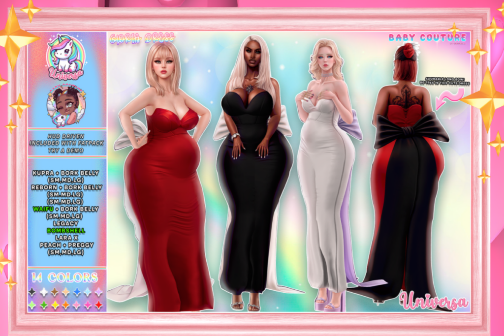 Gloria Dress - Inithium/Legacy/MaitreyaX/Peach/Reborn/+mods, L$485 each/L$3499 FP