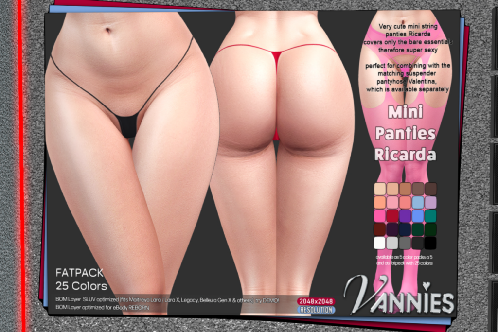 Ricarda Mini Panties - BOM for Reborn/SLUV for GenX/Legacy/Maitreya/+mods, L$199 each/L$599 FP