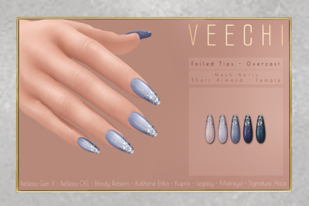 Foiled Tips Overcast Mesh Nails  - Inithium/Legacy/Maitreya/Reborn	&lt;a href=&quot;http://maps.secondlife.com/secondlife/floorplan/194/165/28&quot; target=&quot;_blank&quot;&gt;Teleport&lt;/a&gt;