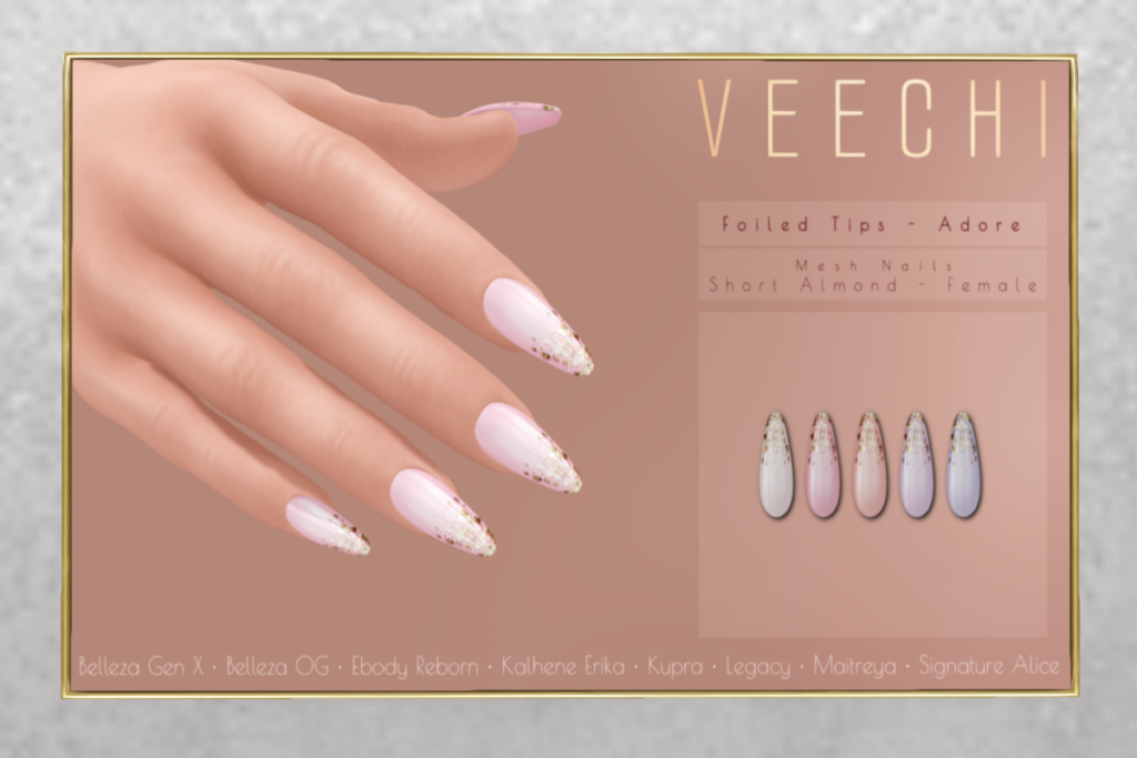 Foiled Tips Adore Mesh Nails  - Inithium/Legacy/Maitreya/Reborn	&lt;a href=&quot;http://maps.secondlife.com/secondlife/floorplan/194/165/28&quot; target=&quot;_blank&quot;&gt;Teleport&lt;/a&gt;