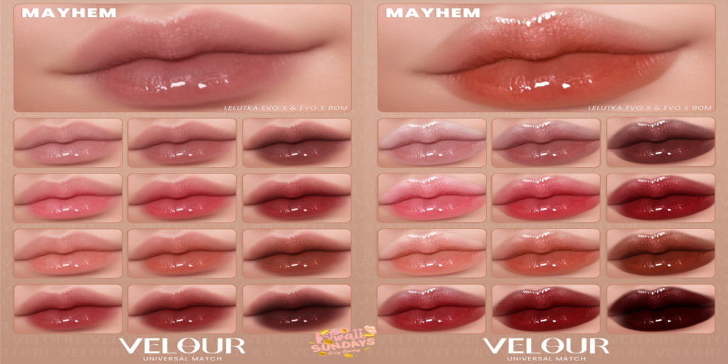 Mayhem Lipstick - EvoX	&lt;a href=&quot;https://maps.secondlife.com/secondlife/VELOUR/88/118/42&quot;&gt;Teleport&lt;/a&gt;