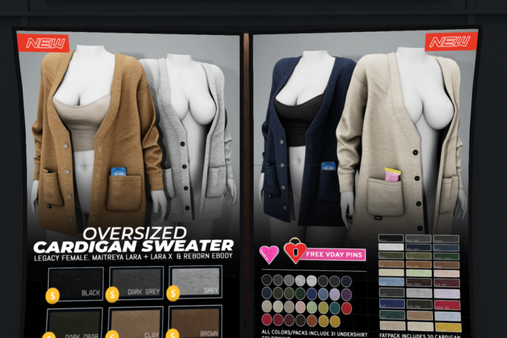 Oversized Cardigan - Legacy/Maitreya/Reborn/+mods, L$399 each/L$2399 FP